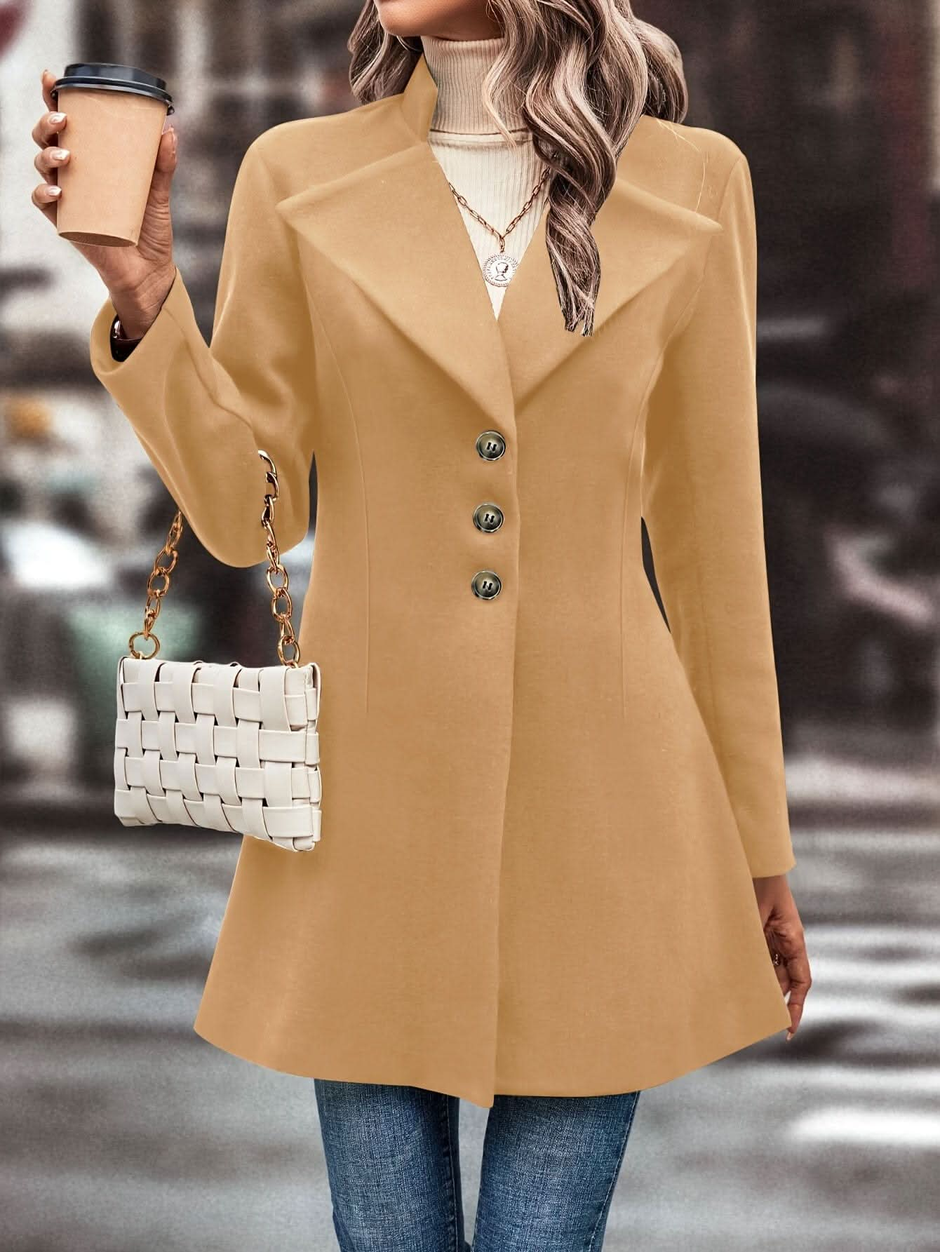 Elegant Womens Single Button Lapel Knit Overcoat - LustMia