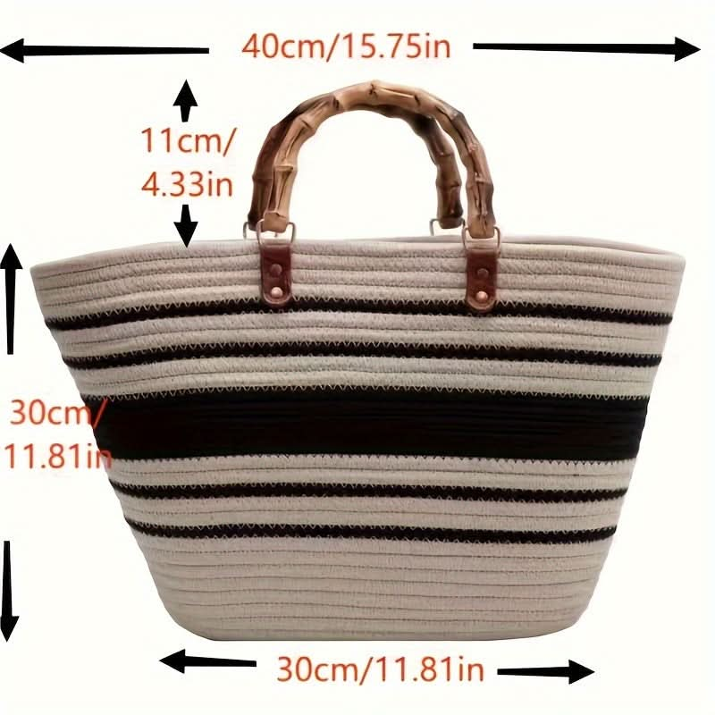 1pc Stripes Woven Beach Bag, Portable Vegetable Basket, Boho Style Tote Bag For Travel, Shopping Bag, Summer Beach Travel Portable Supplies, Camping Accessories Art & Craft Supplies - LustMia