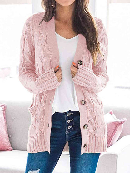 Cable - Knit Buttoned Cardigan with Pockets - LustMia