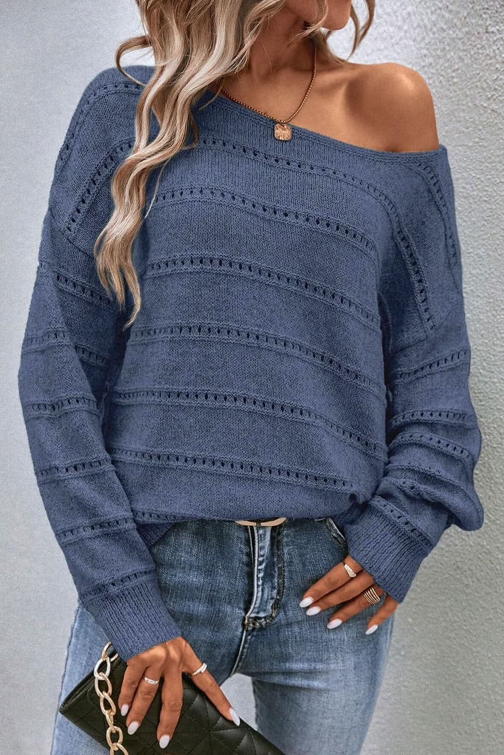 Real Teal Boat Neck Drop Shoulder Pointelle Knit Sweater - LustMia