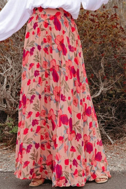 Printed Elastic Waist Pleated Maxi Skirt - LustMia