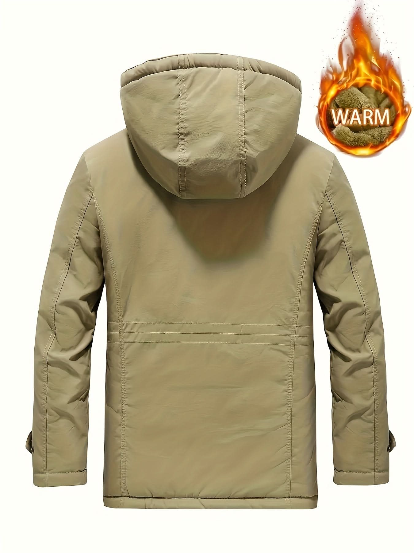 Men's Water - Resistant Softshell Jacket With Hood, Fleece Lining, Multiple Pockets, And Adjustable Hem For Outdoor And Casual Wear - LustMia