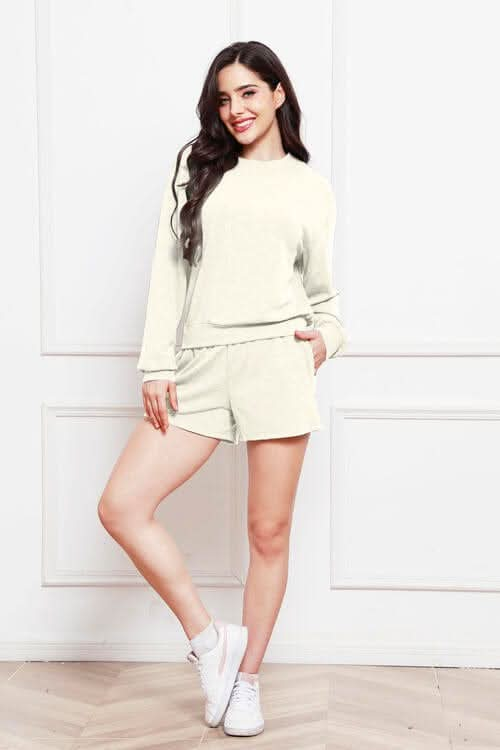 Round Neck Long Sleeve Top and Shorts Set - LustMia