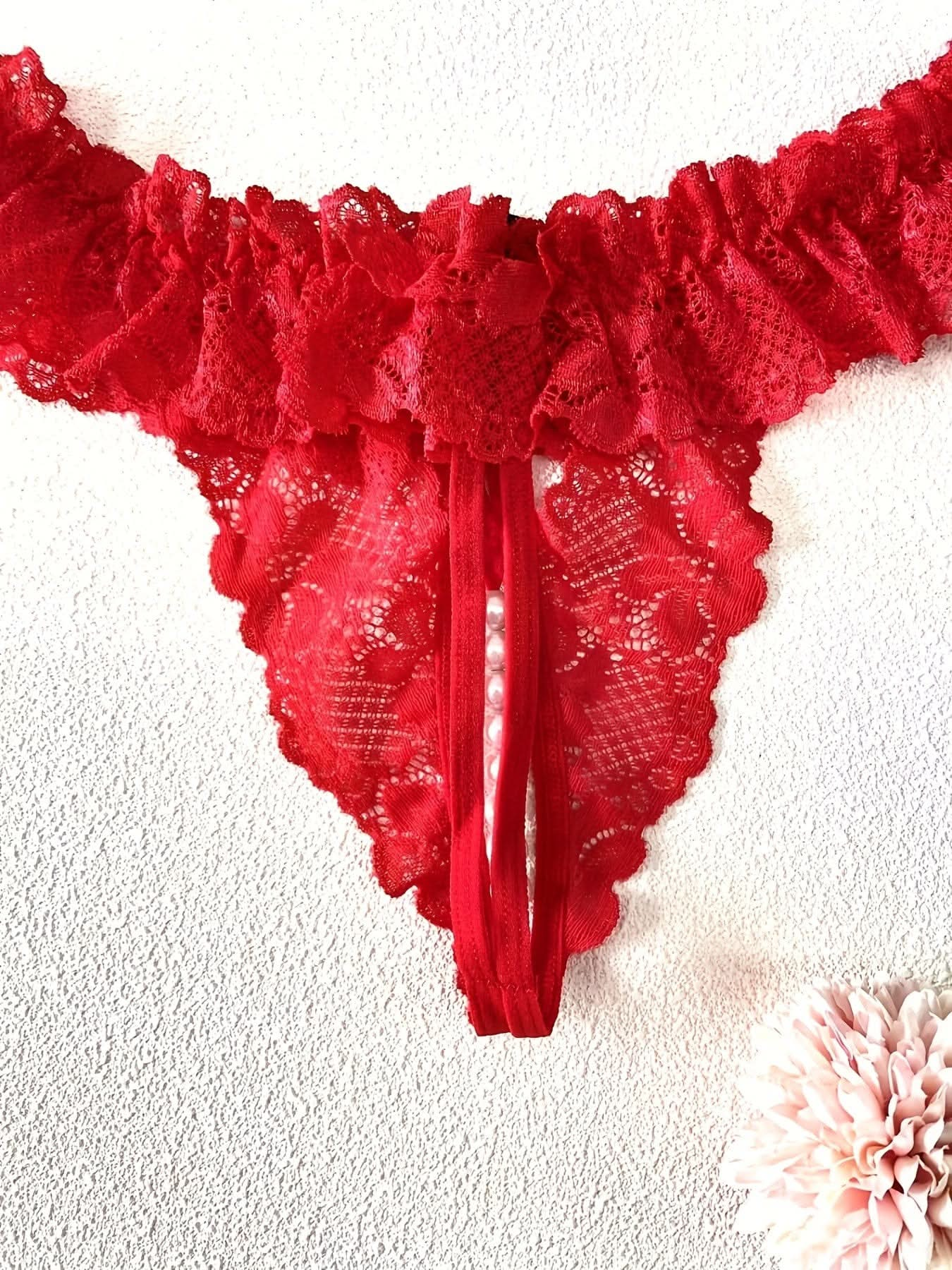 Hot Floral Lace Thongs, Hollow Out Open Crotch Bow Mesh Panties, Women's Sexy Lingerie & Underwear - LustMia