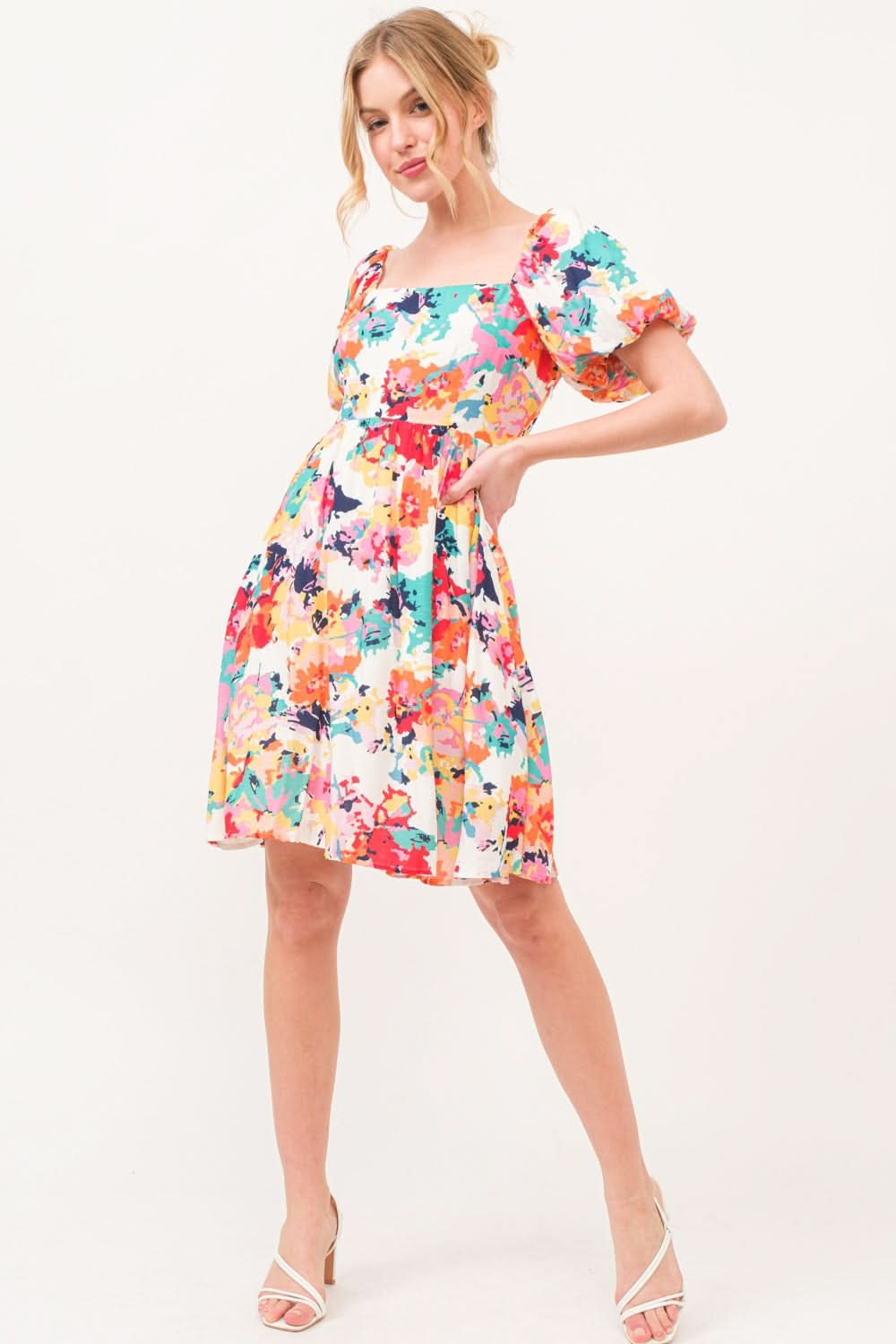 And The Why Square Neck Puff Sleeve Floral Dress - LustMia