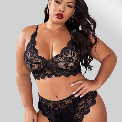 Plus Size Sexy Lingerie Set, Women's Plus Contrast Lace Trim Semi Sheer Bra & Underwear Lingerie Two Piece Set - LustMia