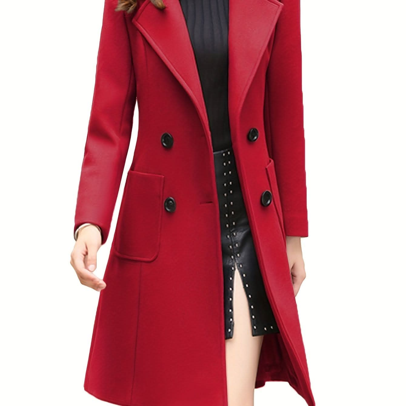 Women Winter Mid - Long Coat Notch Double - Breasted Lapel Jacket Outwear - LustMia