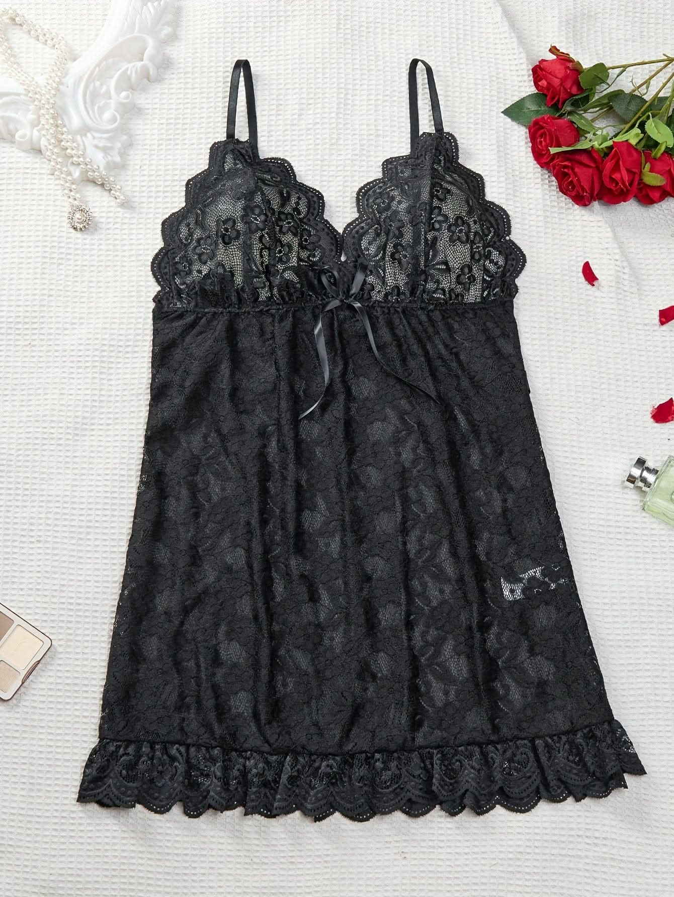 Women's Sexy Lingerie Dress, Plus Size Solid Lace Bow Knot Backless Cami Sexy Dress - LustMia