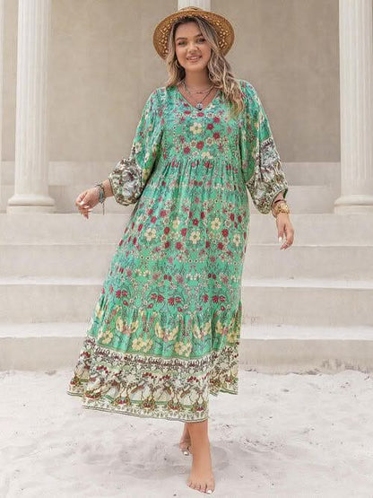 Plus Size Floral V - Neck Balloon Sleeve Midi Dress - LustMia