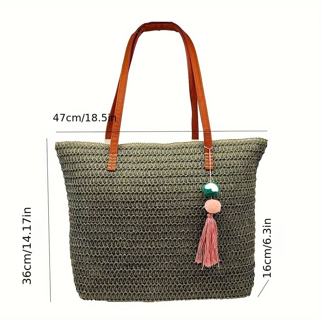 1pc, Woven Tote Bag, Stylish Straw Beach Bag, Mummy Bag With Tassel Charm, Fashionable Crafted Shoulder Bag For Summer Outings - LustMia