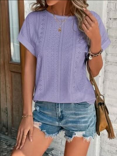 Eyelet Round Neck Short Sleeve T-Shirt - LustMia