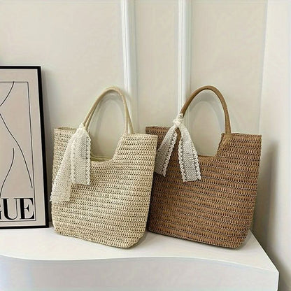 Summer Woven Straw Bag, Boho Style Tote Bag, Retro Travel Vacation Seaside Beach Bag - LustMia