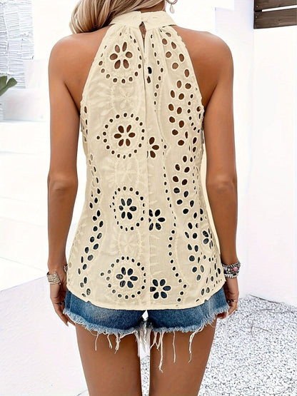 Vibrant Eyelet Embroidered Mock Neck Tank Top - LustMia