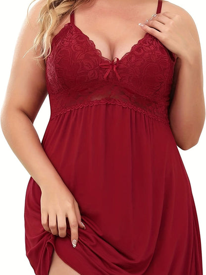 Sexy Lingerie Dress, Women's Plus Solid Contrast Lace Stretchy Comfort Lingerie Nightdress Plus Size - LustMia