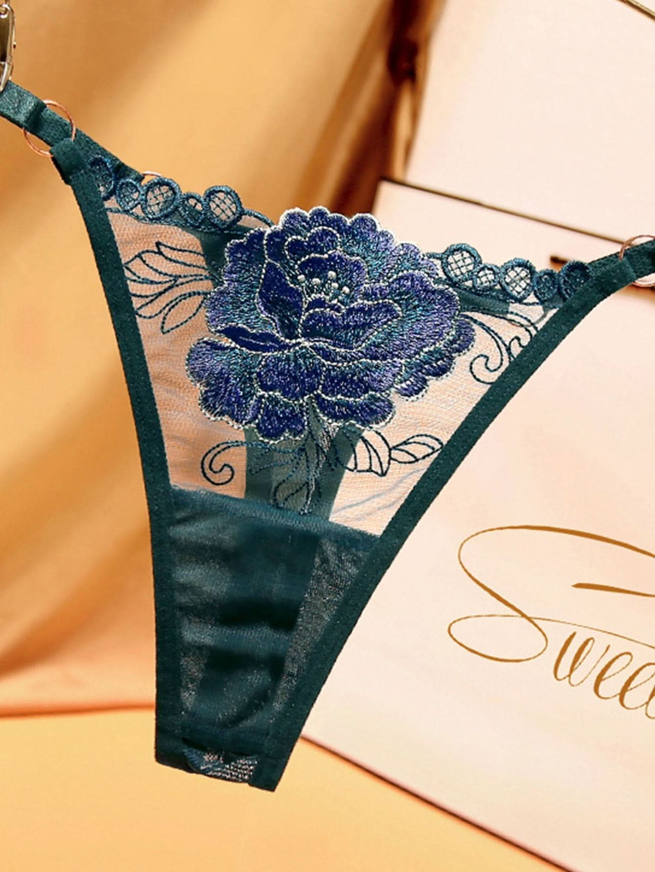 5pcs Floral Embroidery Thongs, Semi Sheer Ring Linked Mesh Panties, Women's Sexy Lingerie & Underwear - LustMia