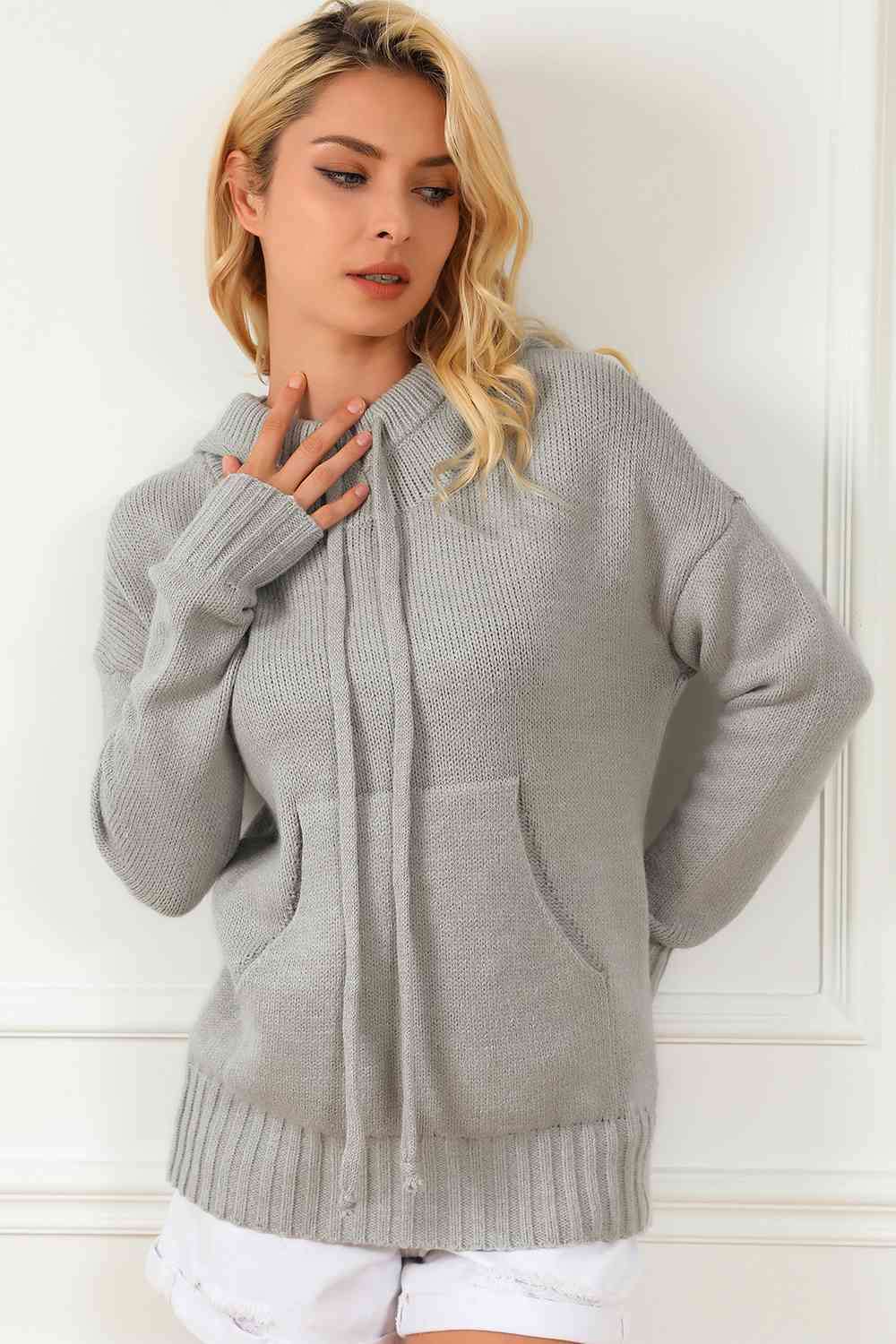 Drawstring Hooded Sweater with Pocket - LustMia