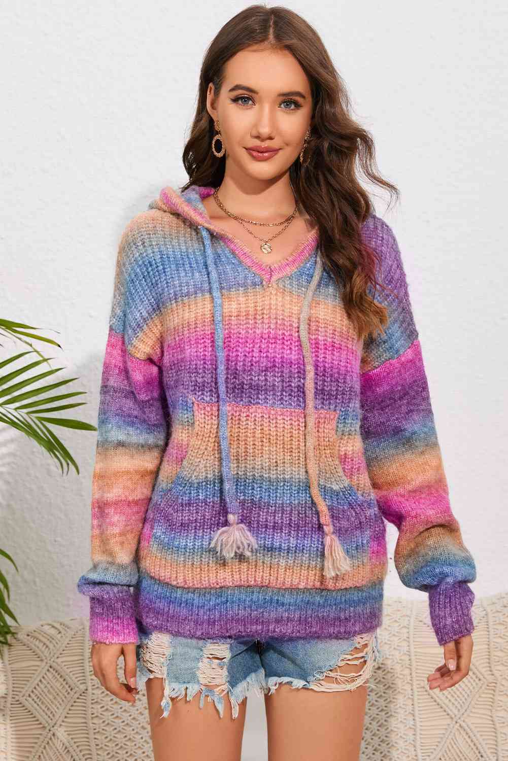 Multicolor Dropped Shoulder Hooded Sweater - LustMia