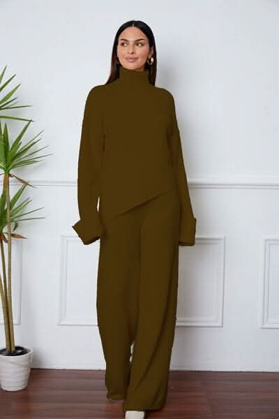 Turtleneck Dropped Shoulder Top and Pants Sweater Set - LustMia