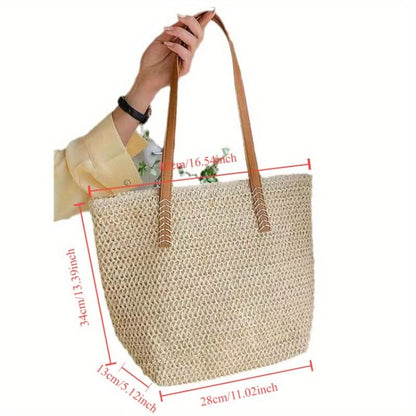 Straw Woven Tote Bag, Summer Beach Shoulder Bag, Women's Casual Handbag For Beach Travel Vacation - LustMia