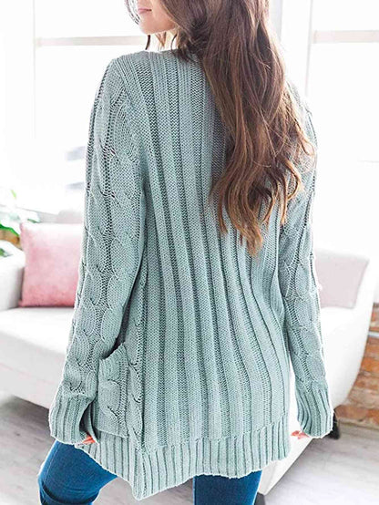 Cable - Knit Buttoned Cardigan with Pockets - LustMia