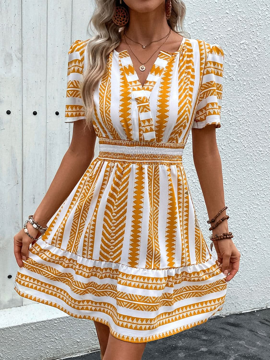 Geometric Notched Short Sleeve Mini Dress - LustMia