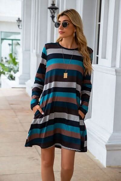 Striped Round Neck Long Sleeve Dress - LustMia