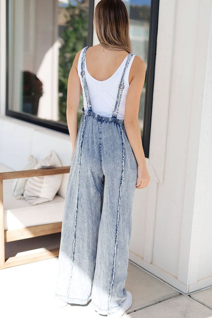 Beau Blue Light Wash Frayed Exposed Seam Wide Leg Denim Overall - LustMia