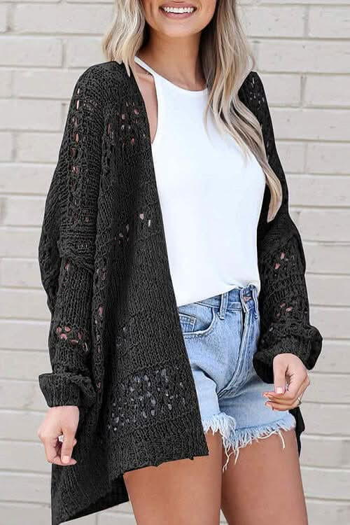 Openwork Open Front Long Sleeve Cardigan - LustMia