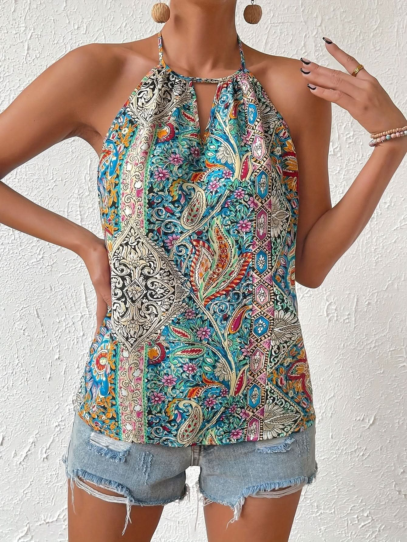 Vibrant Paisley Print Choker Neck Tie Blouse - Sleeveless, V - Neck, Relaxed Fit, Soft Fabric, Spring & Summer Essential - Women's Vacation Clothing for Warm Weather - LustMia