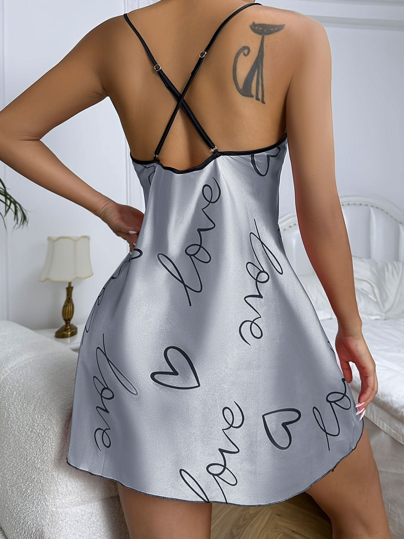 Heart & Love Print Nightdress, Alluring Backless Cross Spaghetti Strap Sleep Dress, Women's Sleepwear & Dresses - LustMia