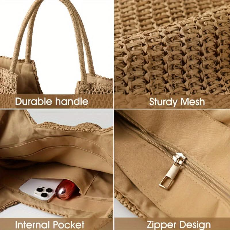 Straw Woven Tote Bag, Large Capacity Shoulder Bag, Women's Casual Handbag For Travel Beach Shopping - LustMia