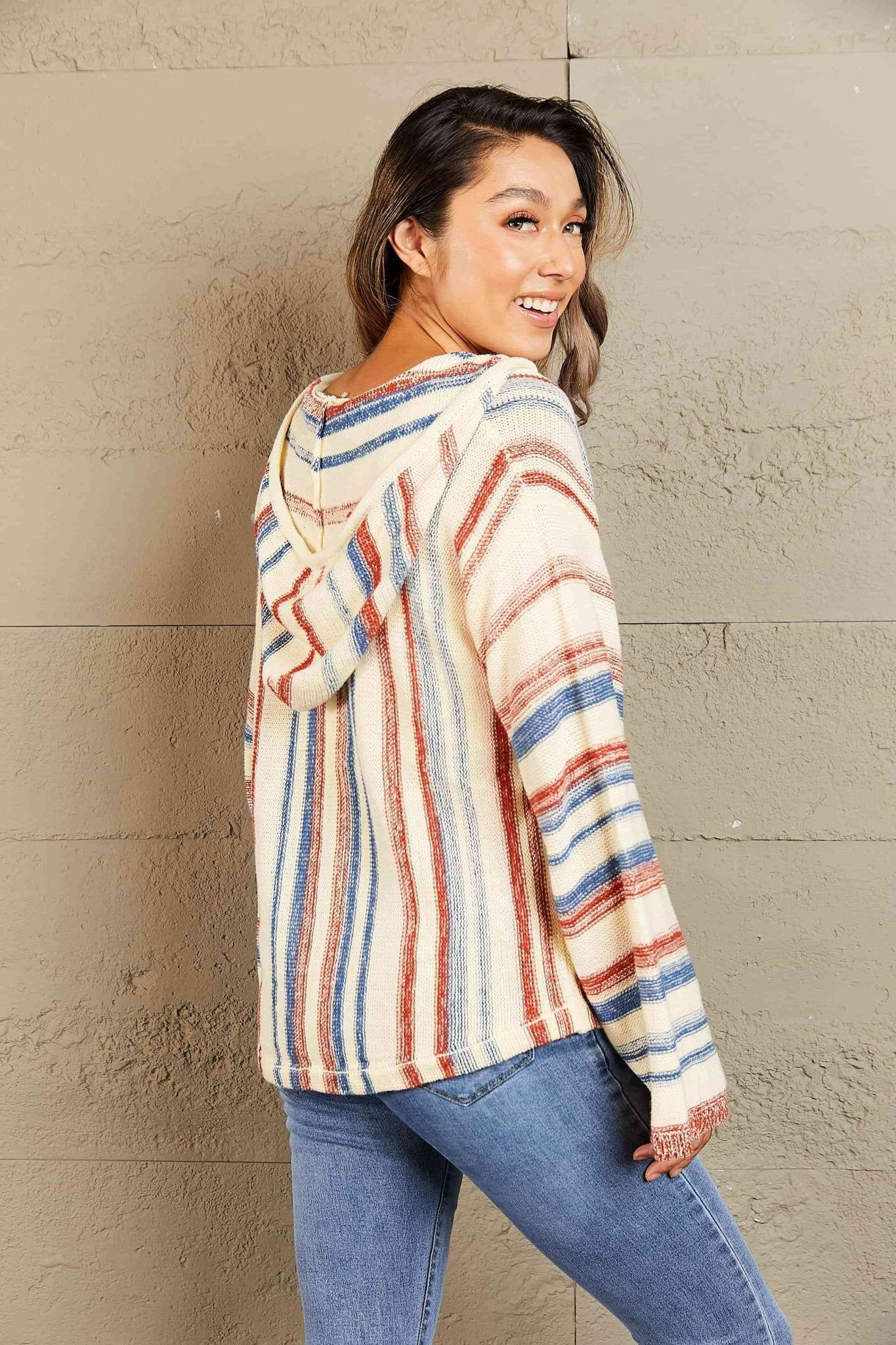 Striped Hooded Sweater with Kangaroo Pocket - LustMia