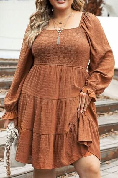 Plus Size Smocked Square Neck Tiered Dress - LustMia