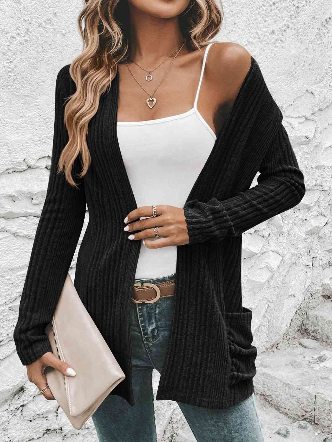 Ribbed Open Front Cardigan with Pockets - LustMia