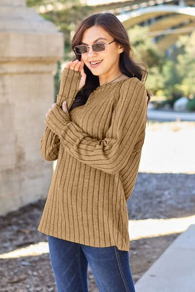 Basic Bae Full Size Ribbed Round Neck Long Sleeve Knit Top - LustMia