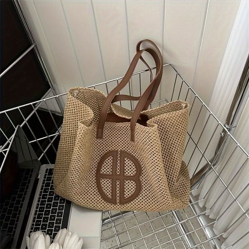 Fashion Beach Tote Bag For Women, With Contrast Design, Chic Shoulder Handbag, Casual Summer Straw Bag - LustMia