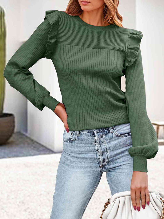 Ribbed Ruffled Round Neck Long Sleeve Knit - Top - LustMia