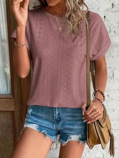 Eyelet Round Neck Short Sleeve T-Shirt - LustMia