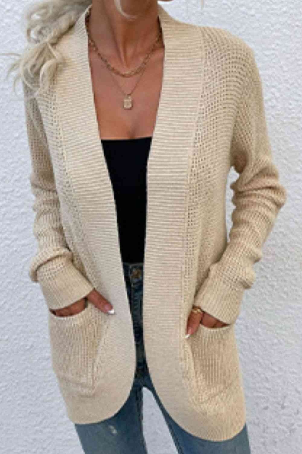 Open Front Rib - Knit Cardigan with Pockets - LustMia