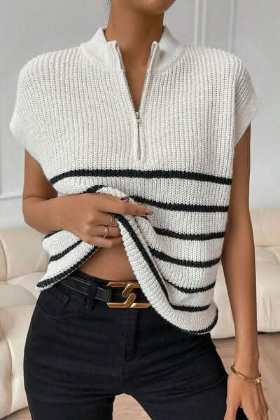 Striped Mock Neck Half Zip Sweater Vest - LustMia