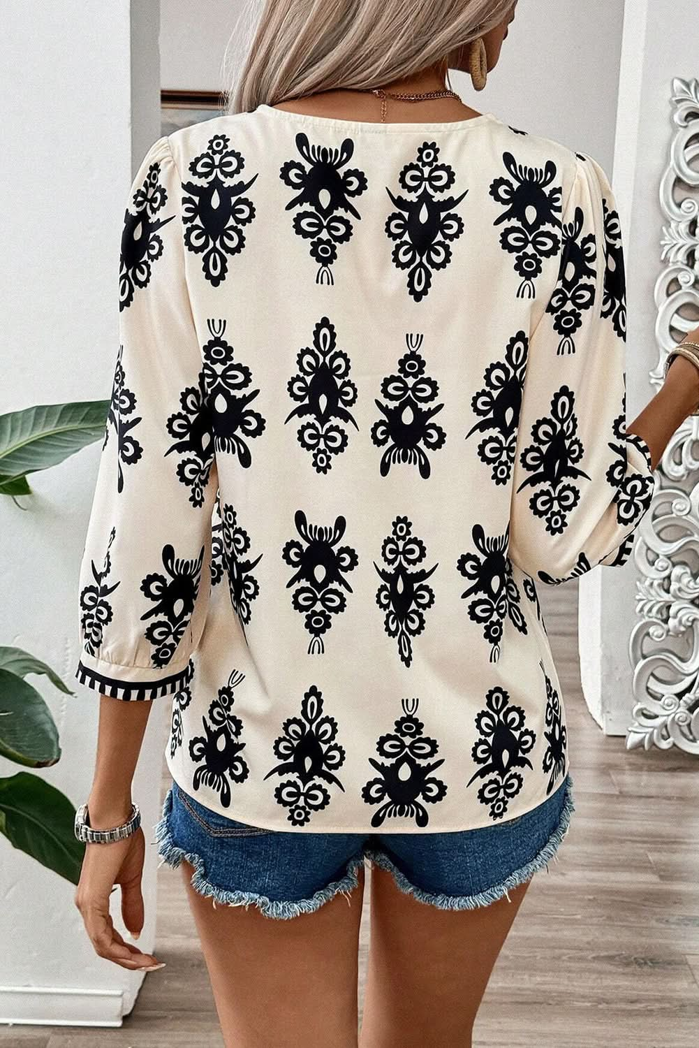 Beige Vintage Geometric Printed 3/4 Sleeve V Neck Blouse - LustMia