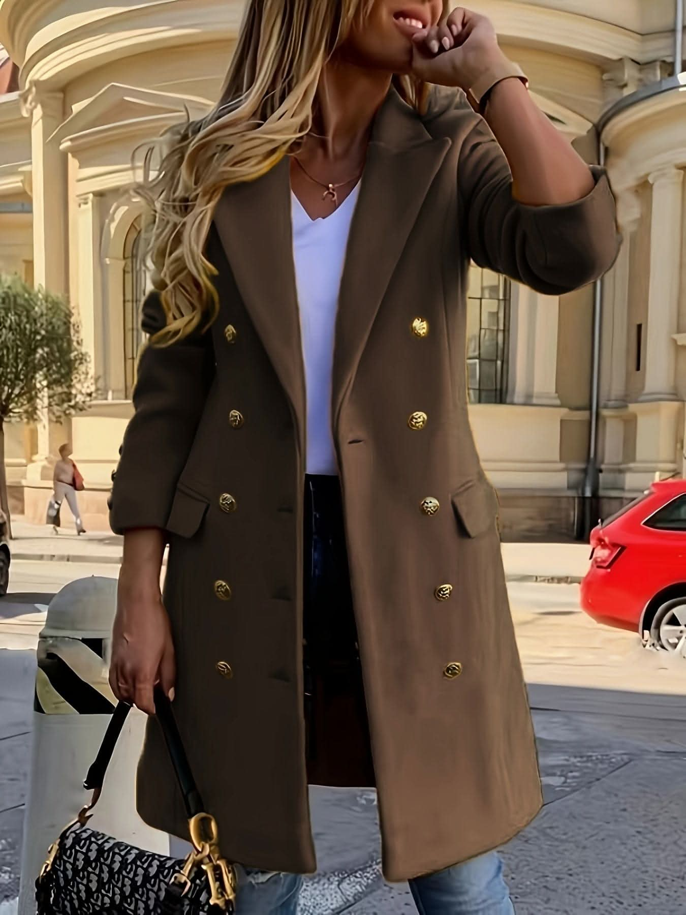 Elegant Double - Breasted Long Sleeve Coat - Polyester Solid Color Notched Collar Outerwear with Button Closure for Fall and Winter - LustMia