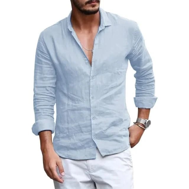 Summer Men Shirt Beach Cotton and Linen Shirts Men Cardigan Tops Long Sleeved Lapel Collar Men Clothing - LustMia