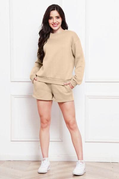 Round Neck Long Sleeve Sweatshirt and Drawstring Shorts Set - LustMia