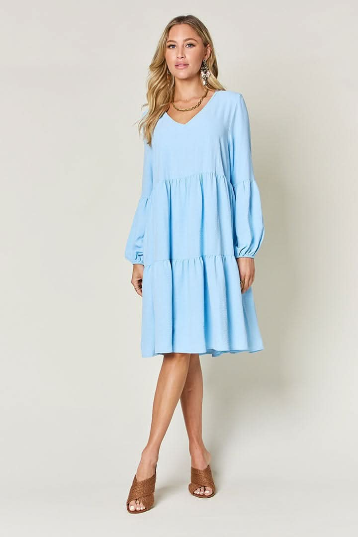 Double Take Full Size V - Neck Balloon Sleeve Tiered Dress - LustMia