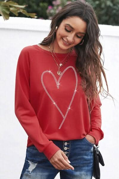 Heart Round Neck Long Sleeve Sweatshirt - LustMia