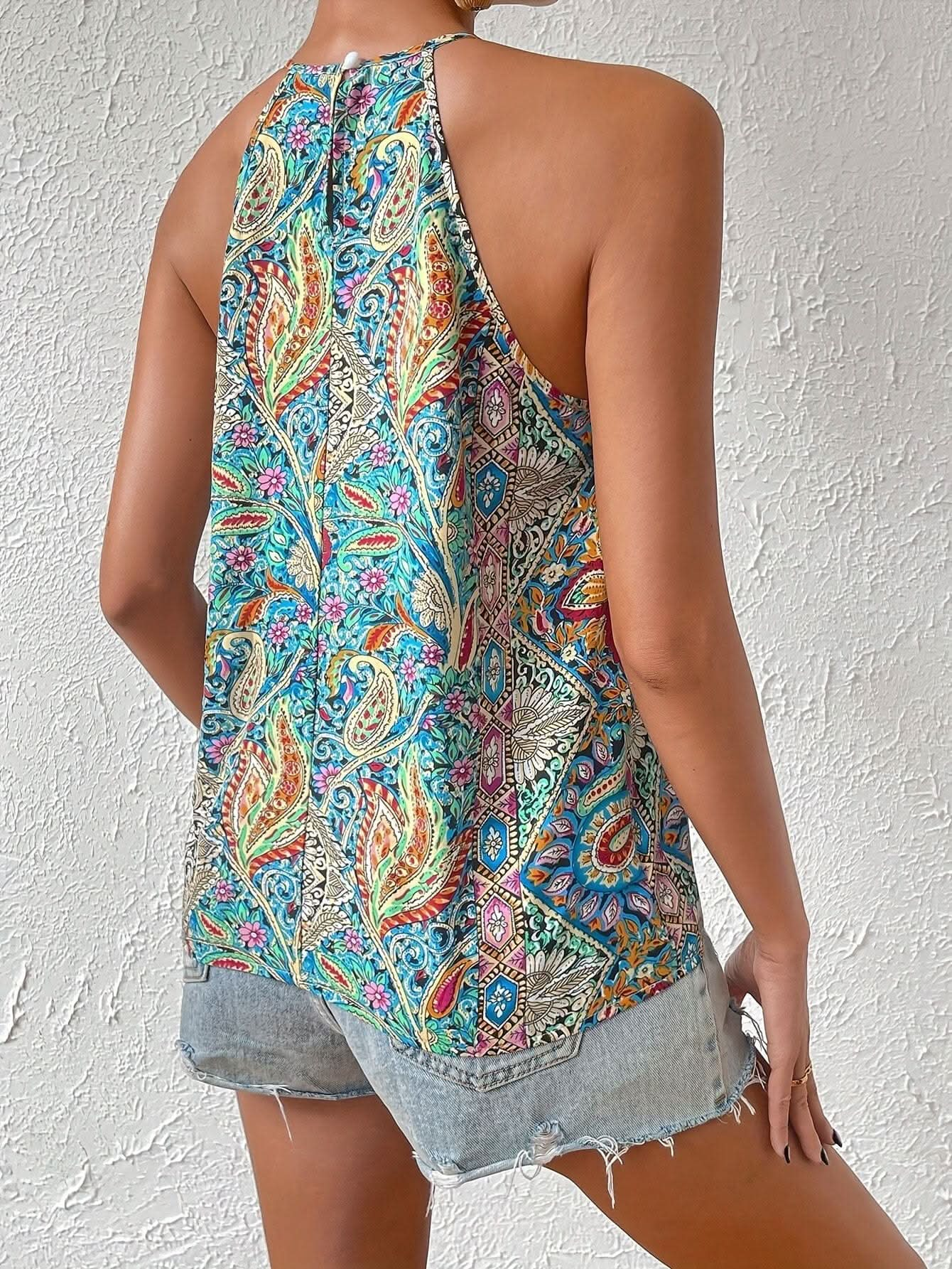 Vibrant Paisley Print Choker Neck Tie Blouse - Sleeveless, V - Neck, Relaxed Fit, Soft Fabric, Spring & Summer Essential - Women's Vacation Clothing for Warm Weather - LustMia