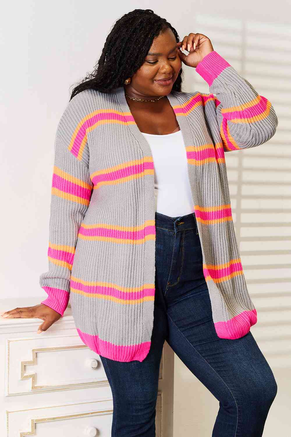 Woven Right Ribbed Long Sleeve Cardigan - LustMia