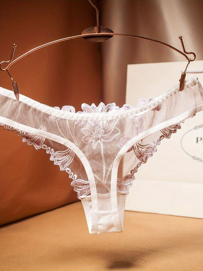 Floral Embroidery Thongs, See Through Mesh Intimates Panties, Women's Sexy Lingerie & Underwear - LustMia