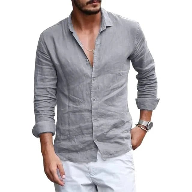 Summer Men Shirt Beach Cotton and Linen Shirts Men Cardigan Tops Long Sleeved Lapel Collar Men Clothing - LustMia